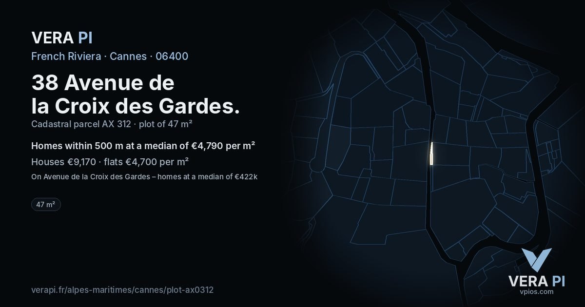 38 Avenue de la Croix des Gardes, Cannes at night – the plot lit, the parcels around coloured by the prices near them
