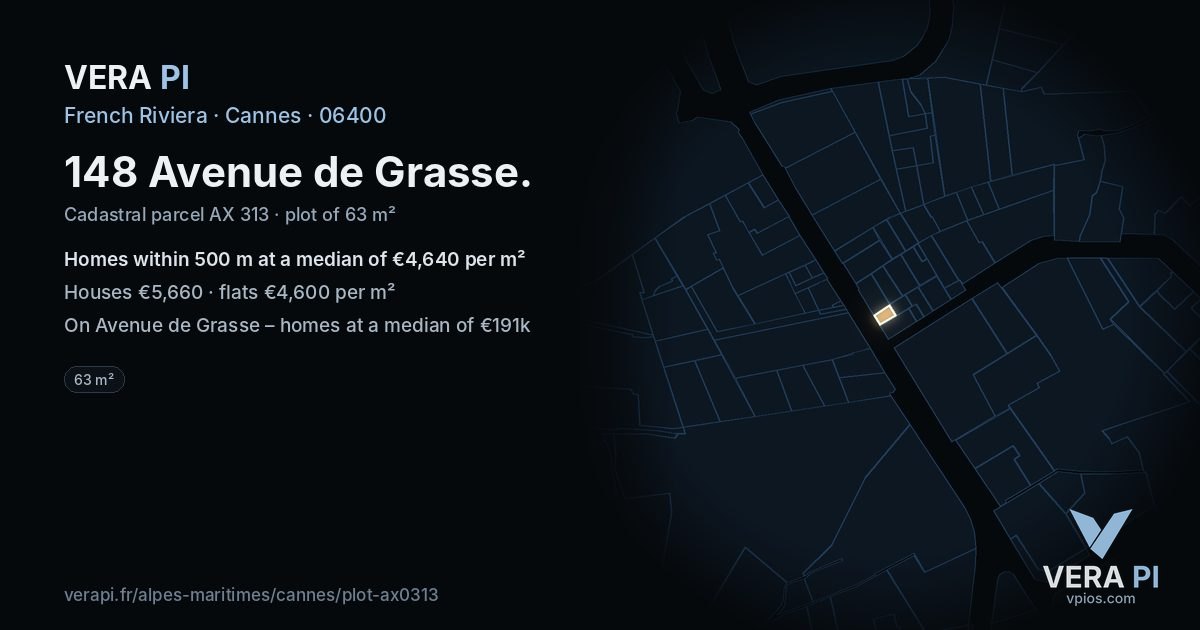 148 Avenue de Grasse, Cannes at night – the plot lit, the parcels around coloured by the prices near them
