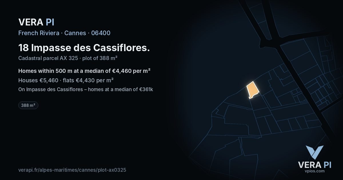 18 Impasse des Cassiflores, Cannes at night – the plot lit, the parcels around coloured by the prices near them