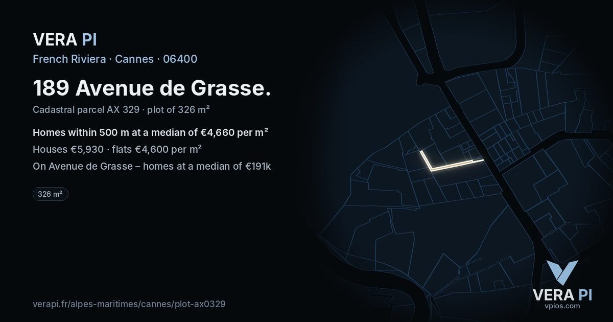 189 Avenue de Grasse, Cannes at night – the plot lit, the parcels around coloured by the prices near them