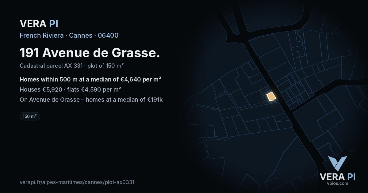191 Avenue de Grasse, Cannes at night – the plot lit, the parcels around coloured by the prices near them
