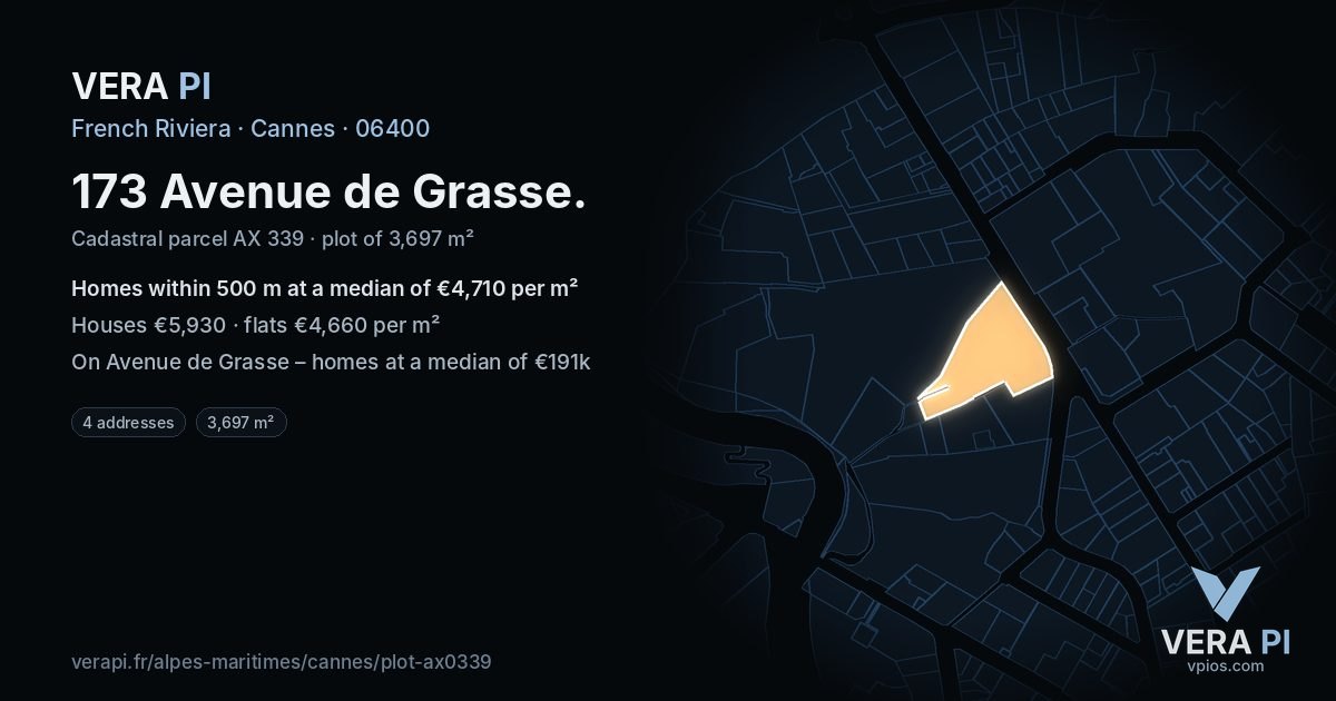 173 Avenue de Grasse, Cannes at night – the plot lit, the parcels around coloured by the prices near them