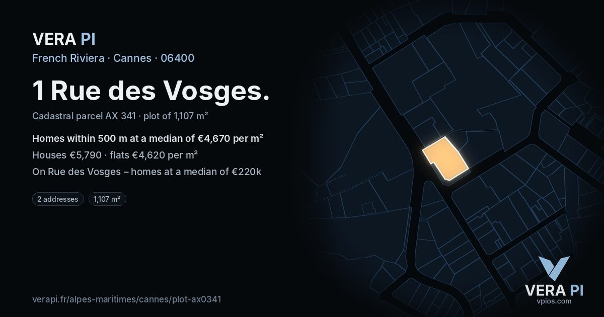 1 Rue des Vosges, Cannes at night – the plot lit, the parcels around coloured by the prices near them