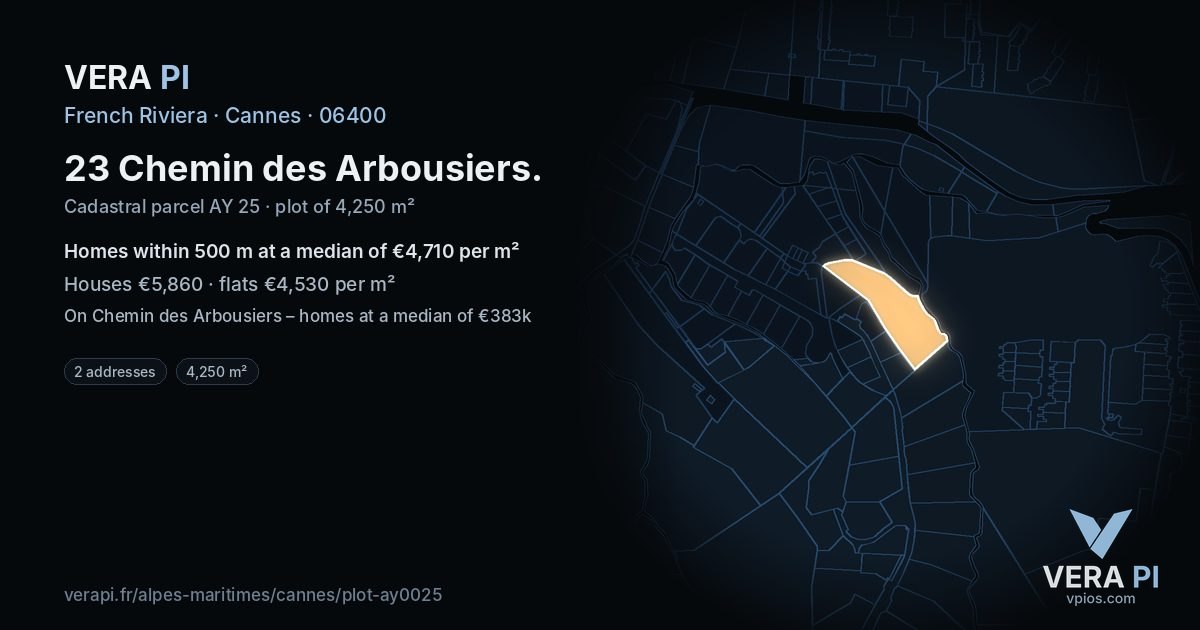 23 Chemin des Arbousiers, Cannes at night – the plot lit, the parcels around coloured by the prices near them
