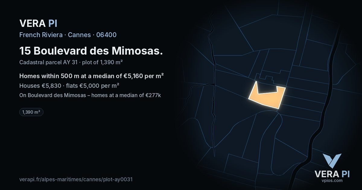 15 Boulevard des Mimosas, Cannes at night – the plot lit, the parcels around coloured by the prices near them