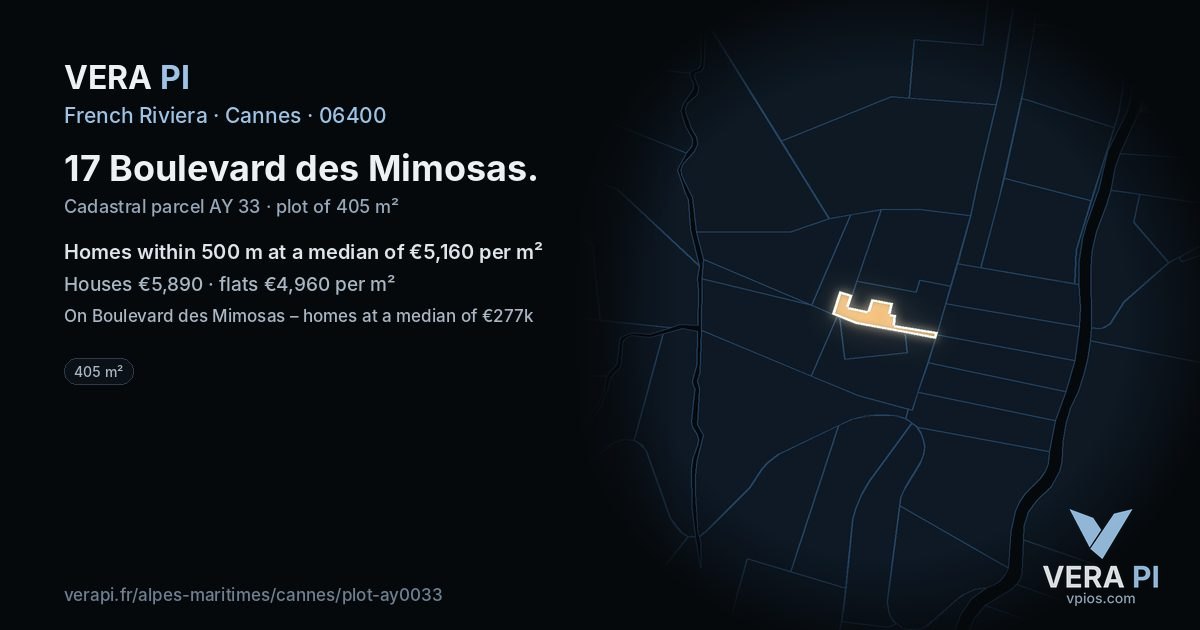 17 Boulevard des Mimosas, Cannes at night – the plot lit, the parcels around coloured by the prices near them