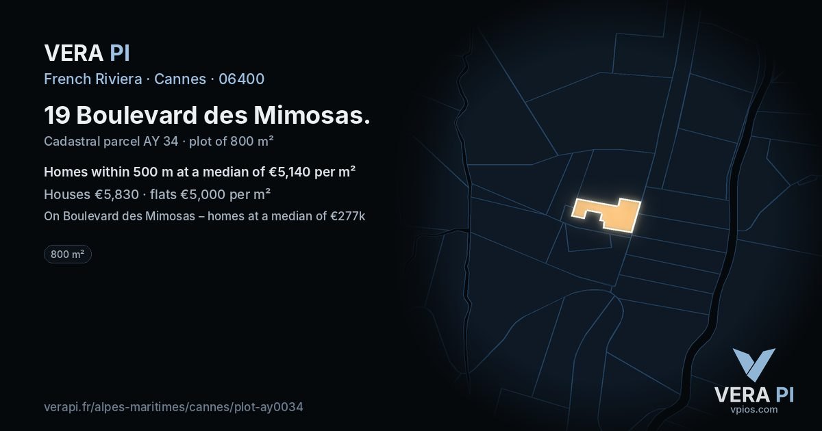 19 Boulevard des Mimosas, Cannes at night – the plot lit, the parcels around coloured by the prices near them