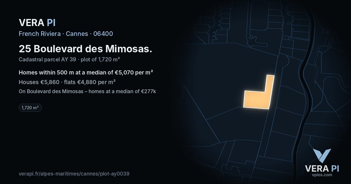 25 Boulevard des Mimosas, Cannes at night – the plot lit, the parcels around coloured by the prices near them