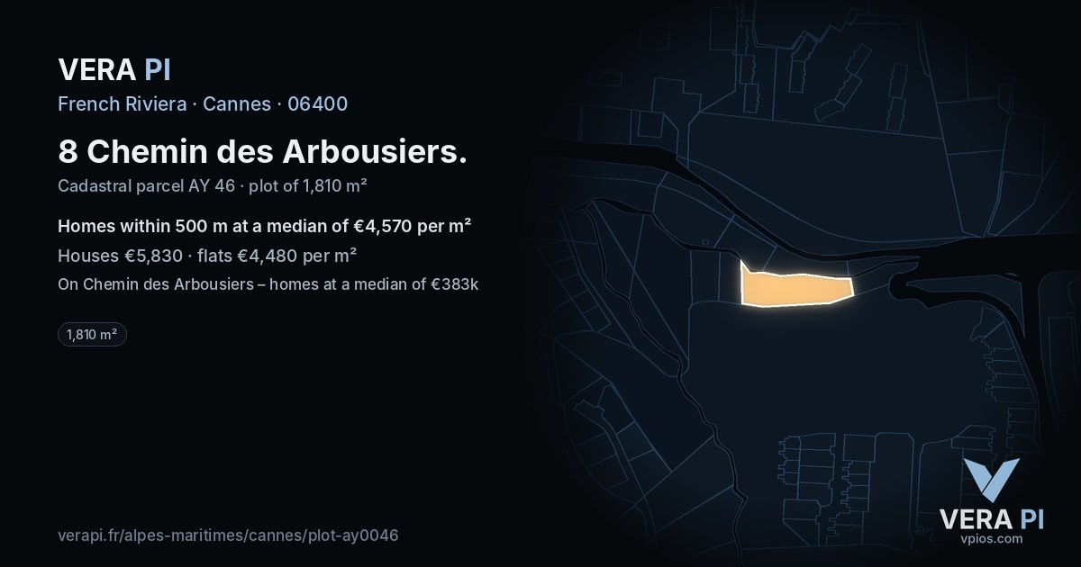8 Chemin des Arbousiers, Cannes at night – the plot lit, the parcels around coloured by the prices near them