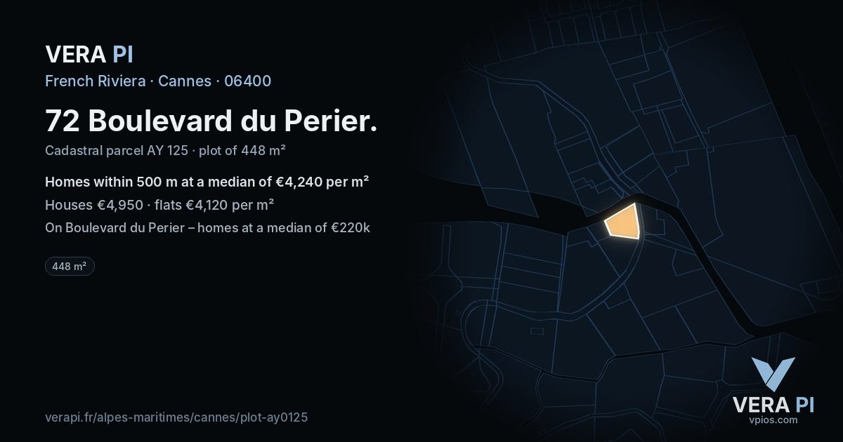 72 Boulevard du Perier, Cannes at night – the plot lit, the parcels around coloured by the prices near them