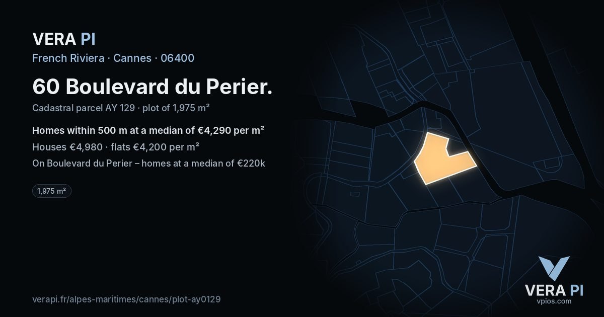 60 Boulevard du Perier, Cannes at night – the plot lit, the parcels around coloured by the prices near them