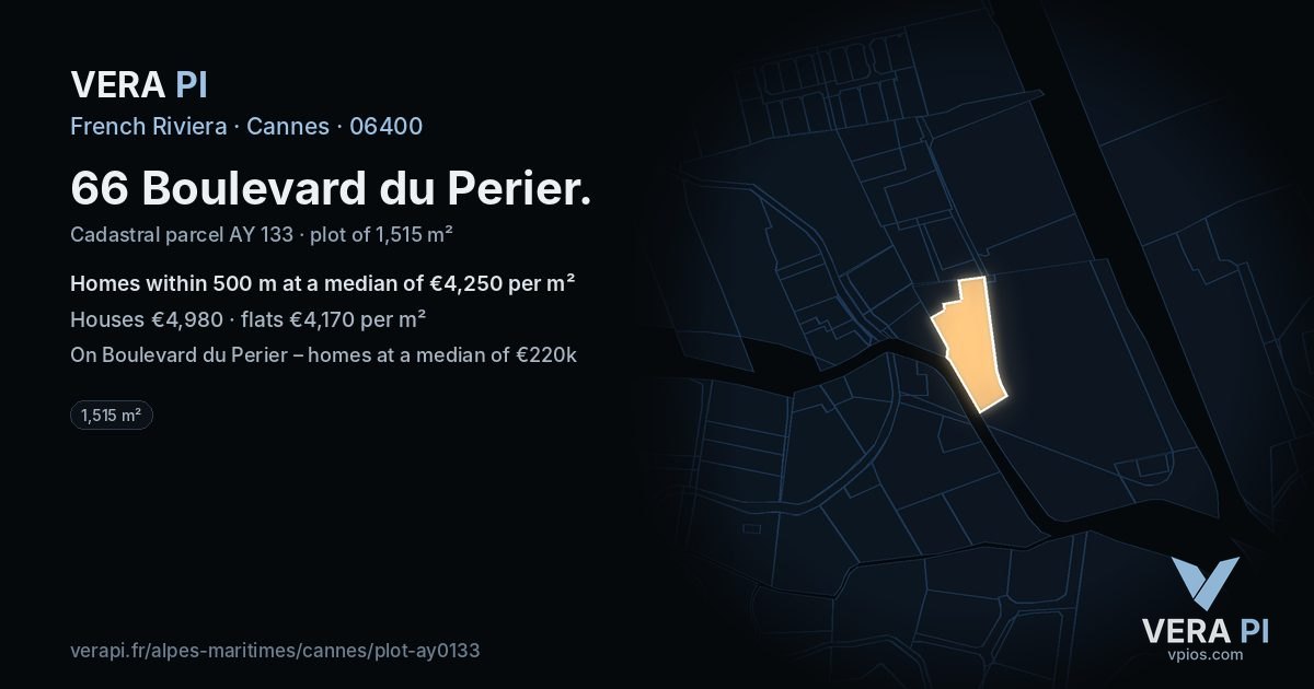 66 Boulevard du Perier, Cannes at night – the plot lit, the parcels around coloured by the prices near them
