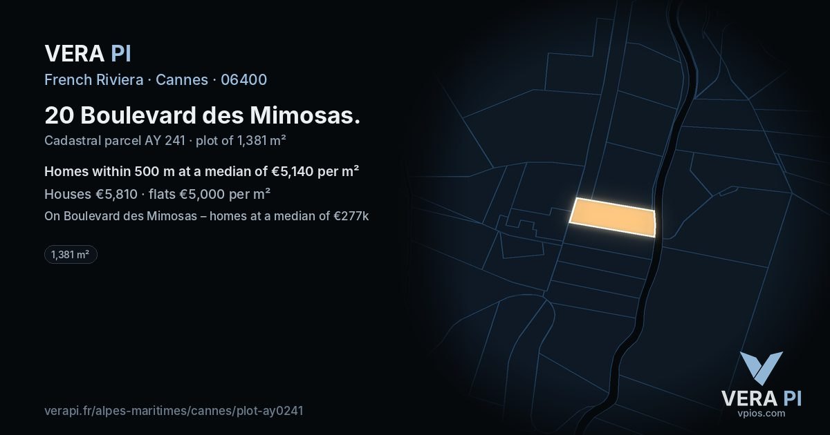 20 Boulevard des Mimosas, Cannes at night – the plot lit, the parcels around coloured by the prices near them
