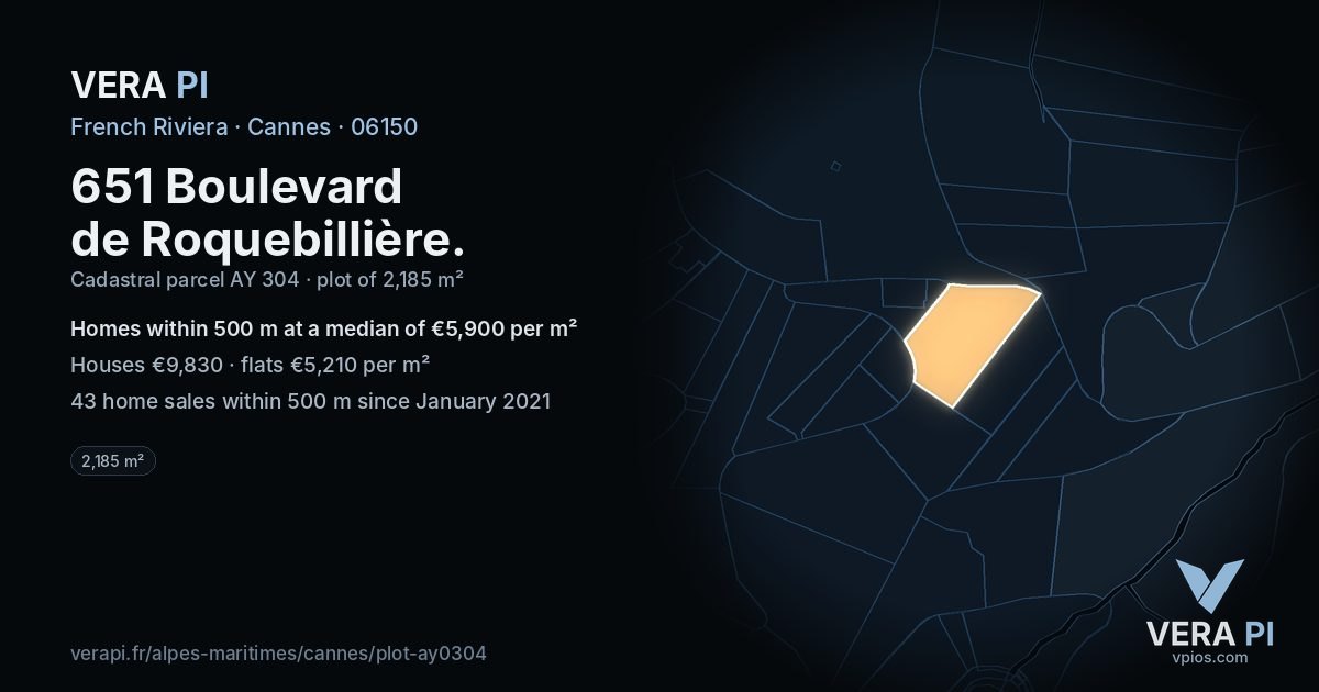 651 Boulevard de Roquebillière, Cannes at night – the plot lit, the parcels around coloured by the prices near them