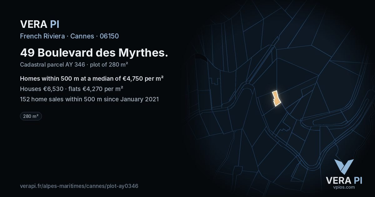 49 Boulevard des Myrthes, Cannes at night – the plot lit, the parcels around coloured by the prices near them
