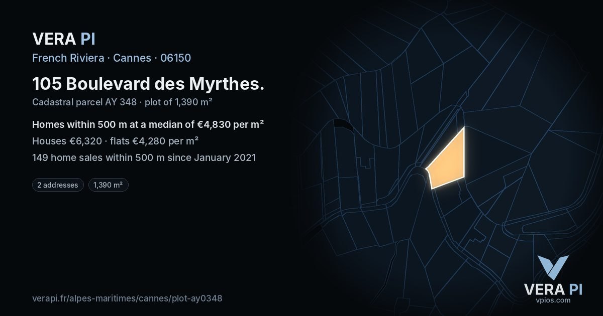 105 Boulevard des Myrthes, Cannes at night – the plot lit, the parcels around coloured by the prices near them