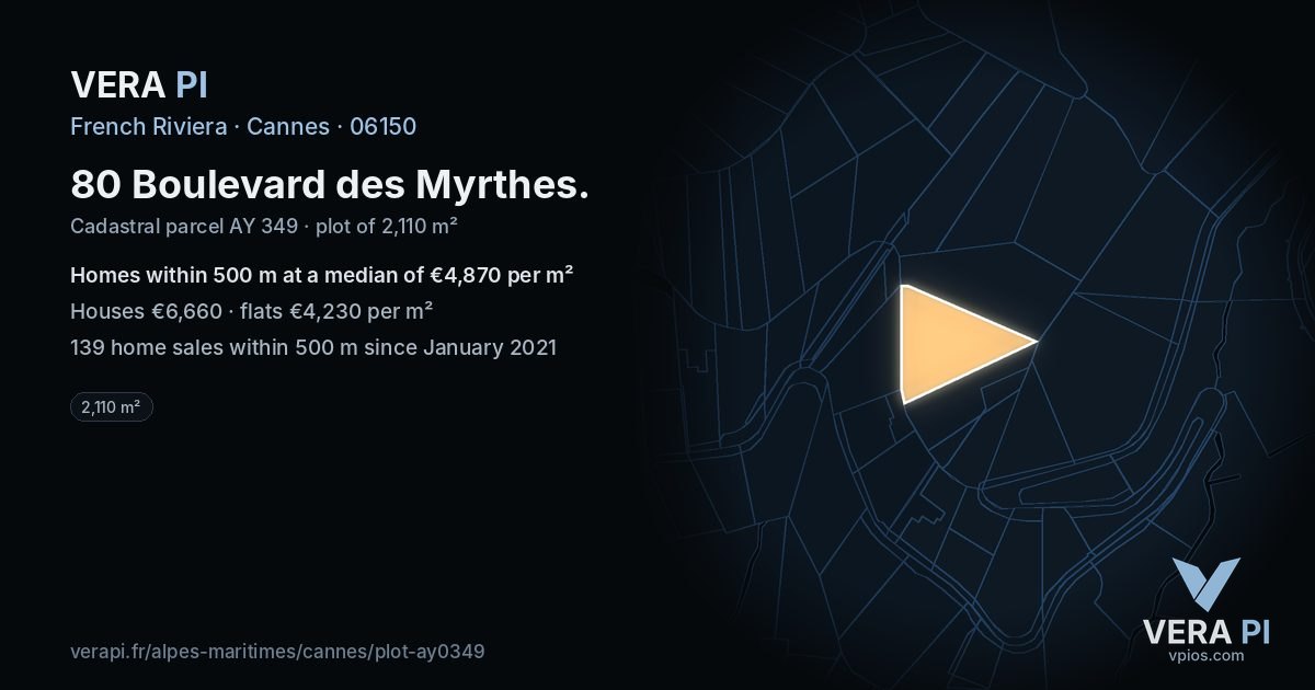 80 Boulevard des Myrthes, Cannes at night – the plot lit, the parcels around coloured by the prices near them