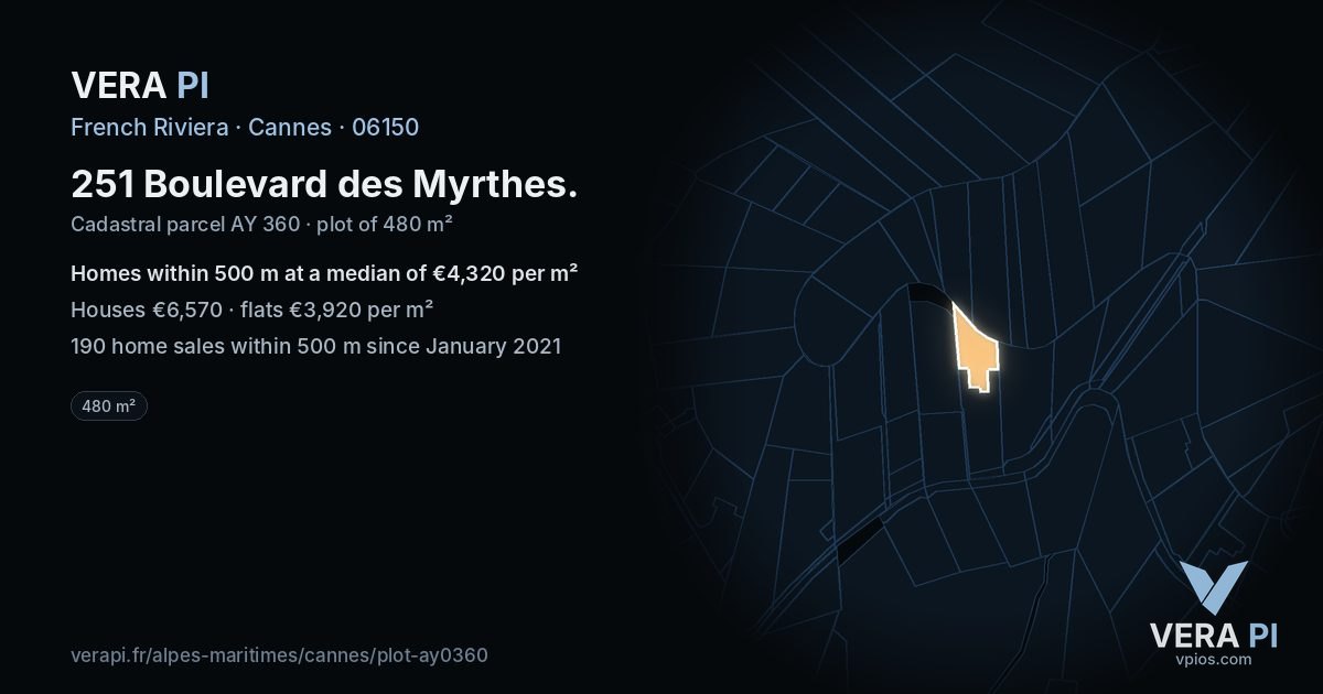 251 Boulevard des Myrthes, Cannes at night – the plot lit, the parcels around coloured by the prices near them