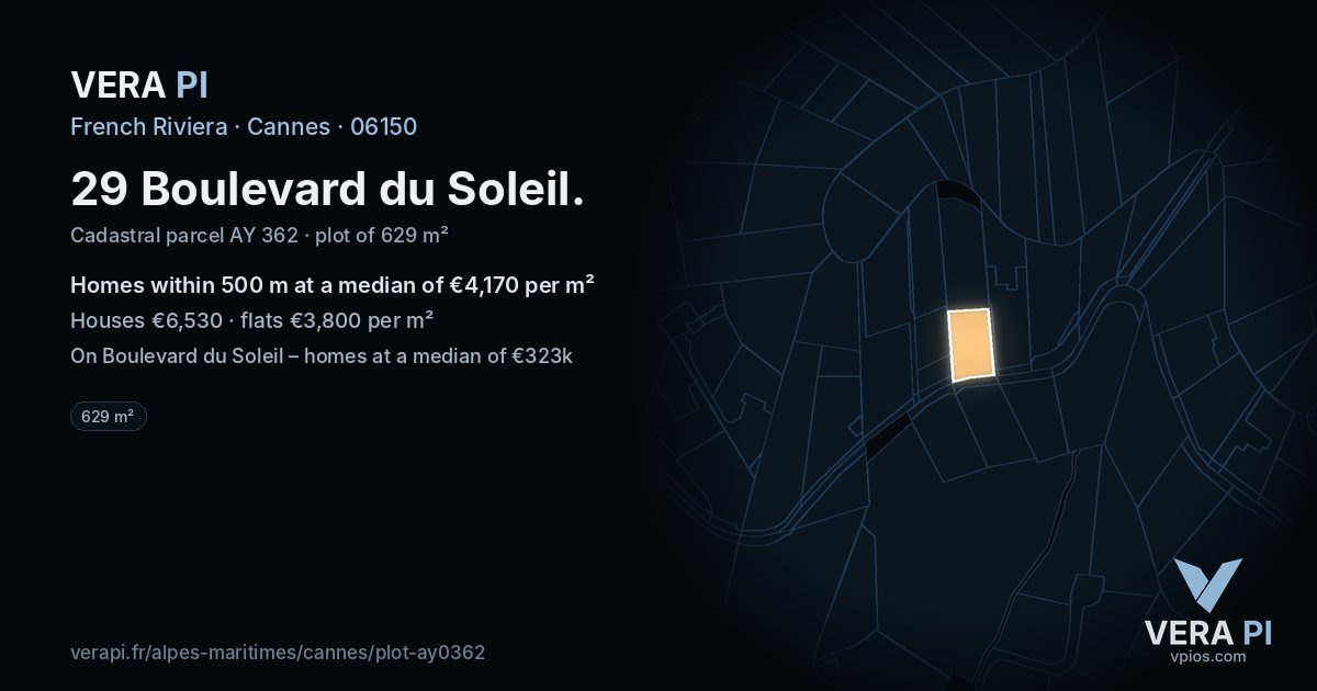 29 Boulevard du Soleil, Cannes at night – the plot lit, the parcels around coloured by the prices near them