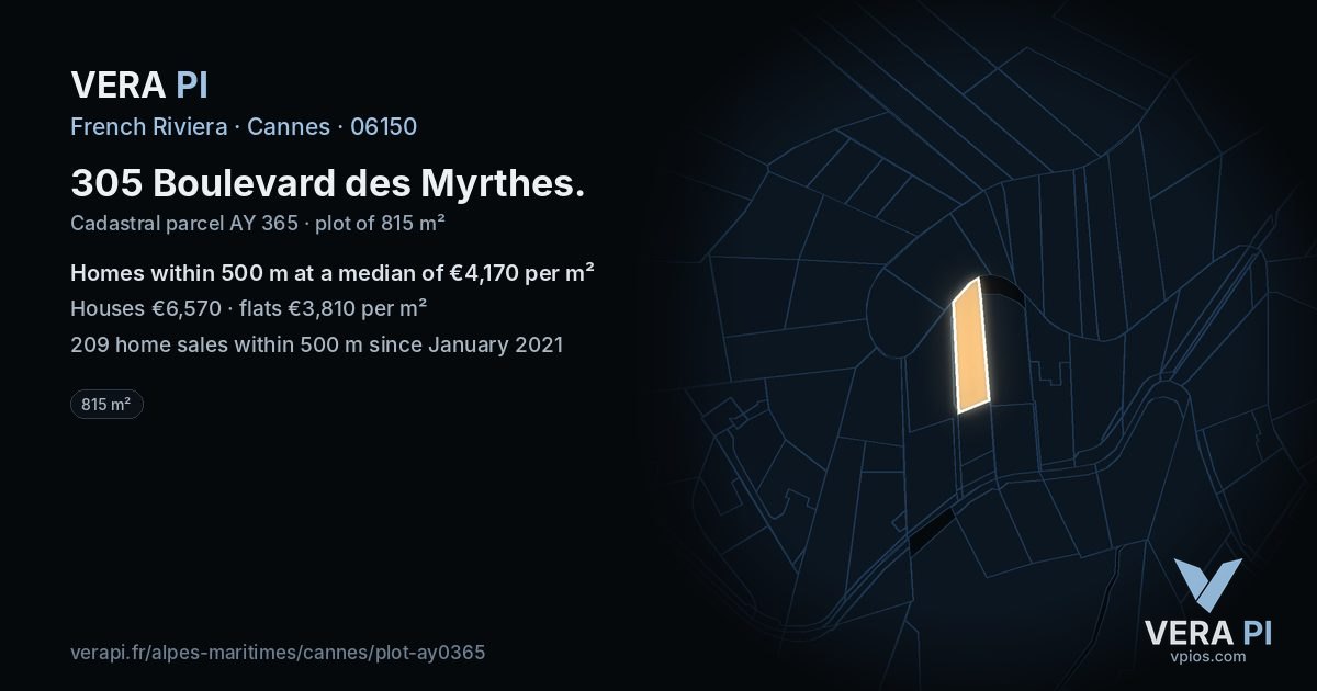 305 Boulevard des Myrthes, Cannes at night – the plot lit, the parcels around coloured by the prices near them
