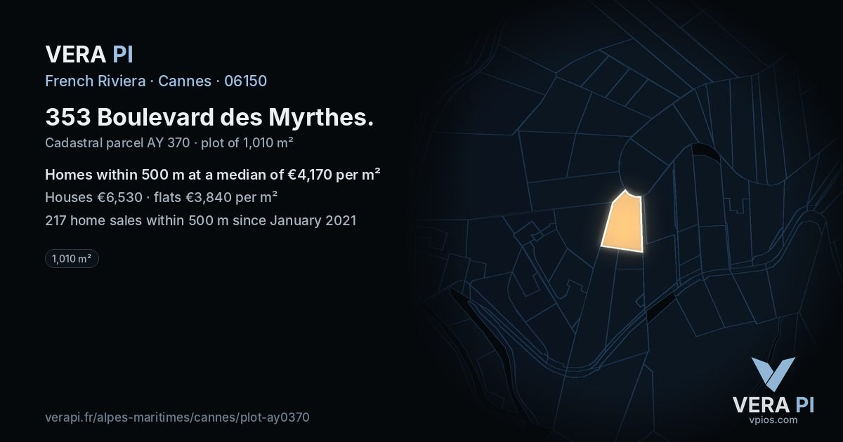 353 Boulevard des Myrthes, Cannes at night – the plot lit, the parcels around coloured by the prices near them