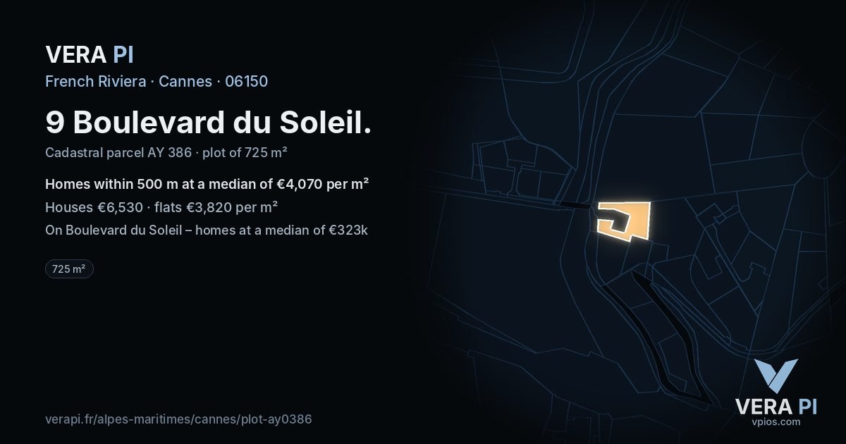 9 Boulevard du Soleil, Cannes at night – the plot lit, the parcels around coloured by the prices near them