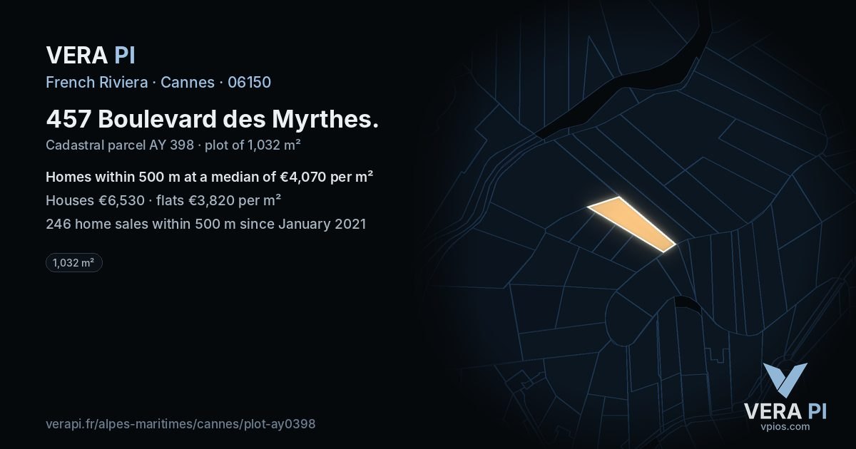 457 Boulevard des Myrthes, Cannes at night – the plot lit, the parcels around coloured by the prices near them