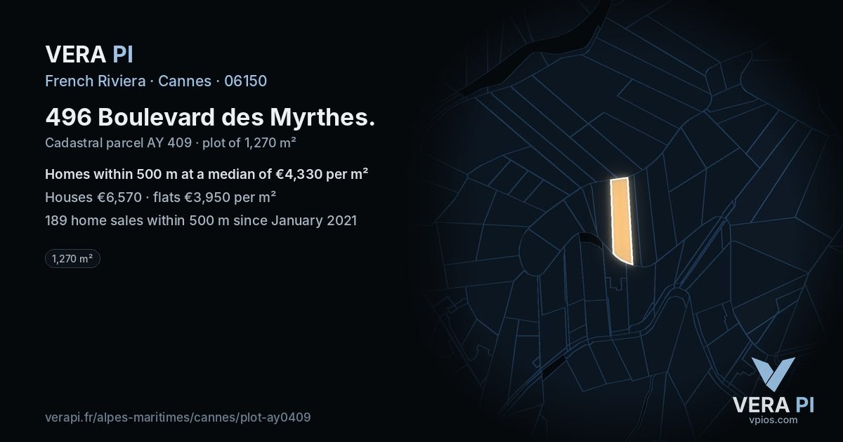 496 Boulevard des Myrthes, Cannes at night – the plot lit, the parcels around coloured by the prices near them