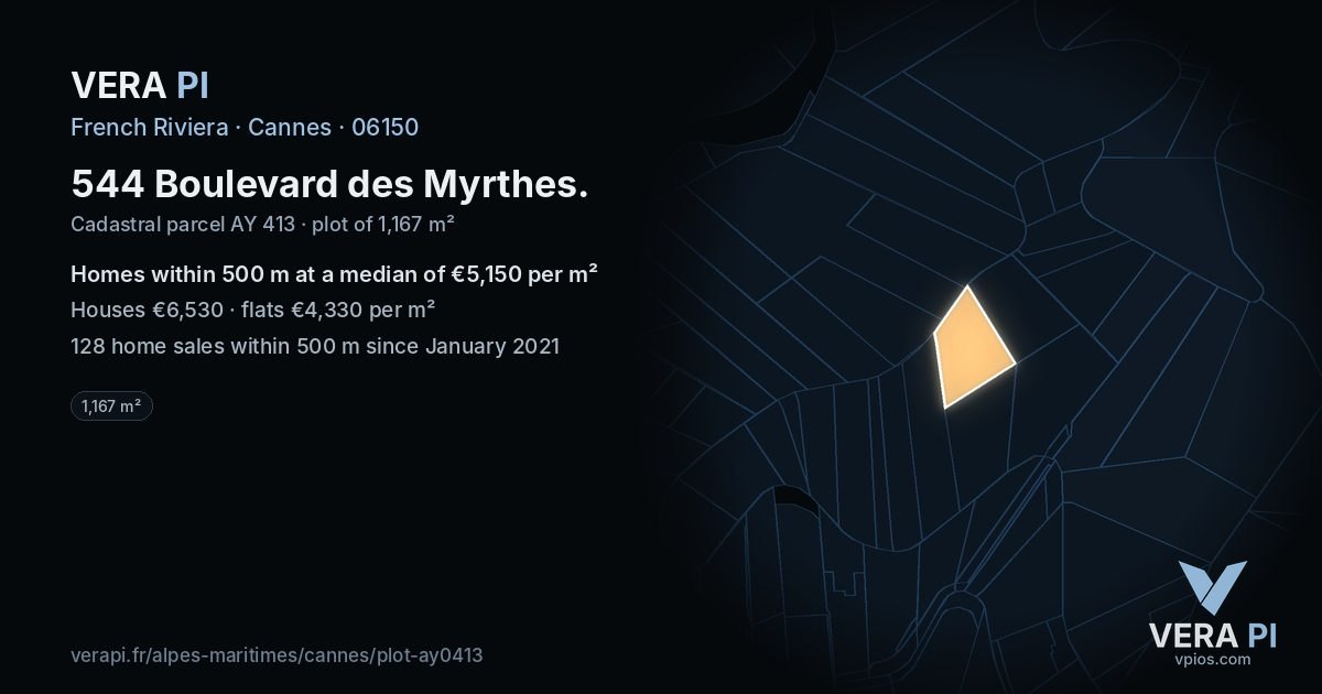 544 Boulevard des Myrthes, Cannes at night – the plot lit, the parcels around coloured by the prices near them