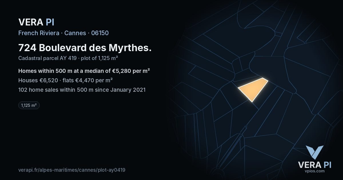 724 Boulevard des Myrthes, Cannes at night – the plot lit, the parcels around coloured by the prices near them