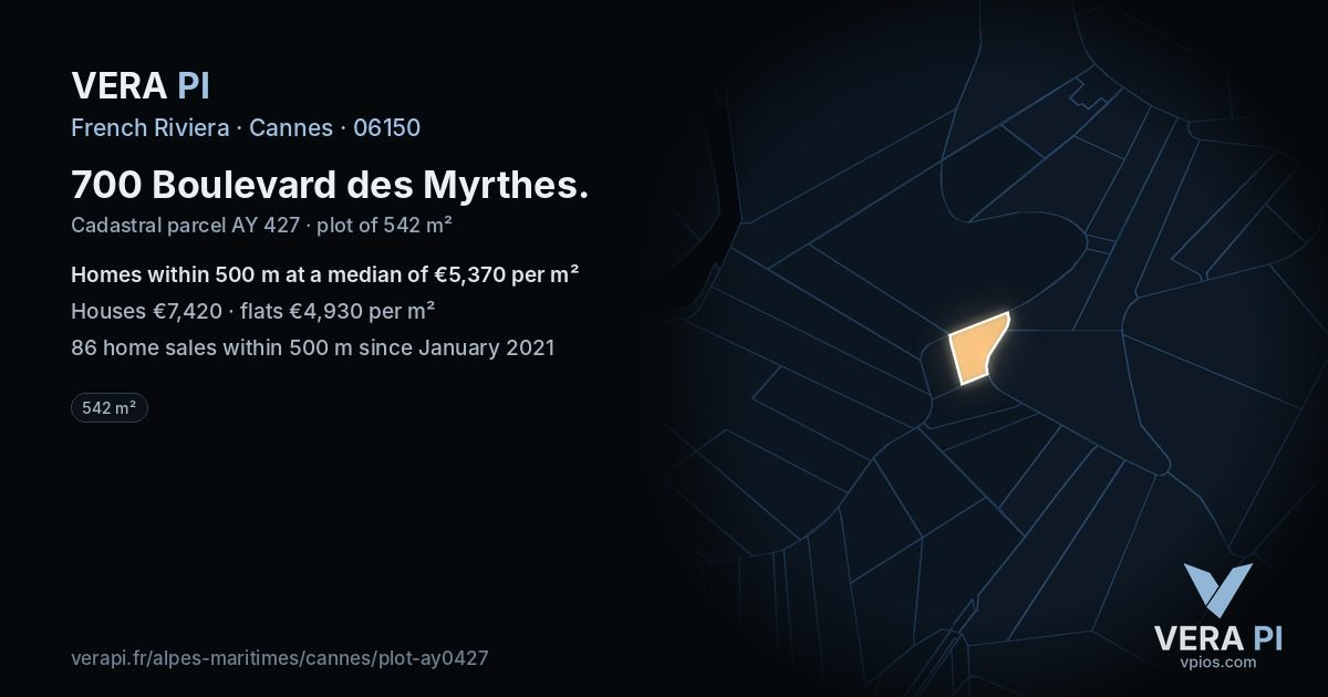 700 Boulevard des Myrthes, Cannes at night – the plot lit, the parcels around coloured by the prices near them