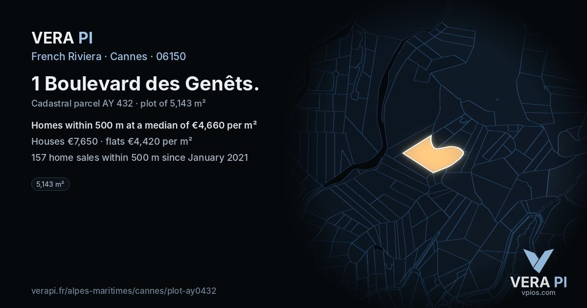 1 Boulevard des Genêts, Cannes at night – the plot lit, the parcels around coloured by the prices near them
