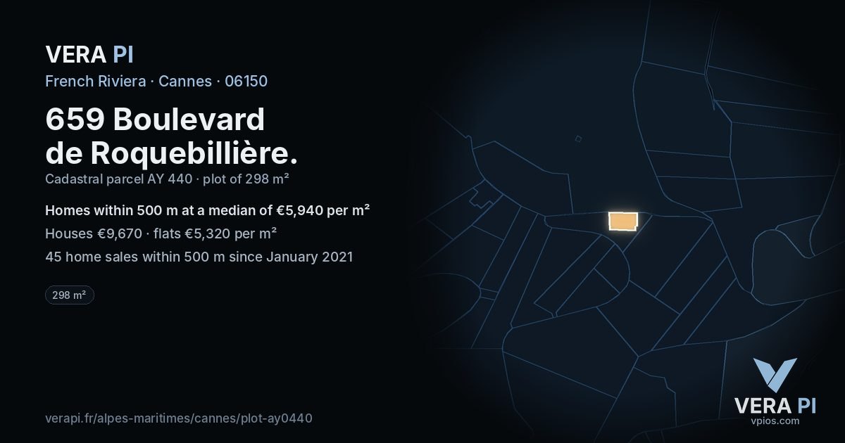 659 Boulevard de Roquebillière, Cannes at night – the plot lit, the parcels around coloured by the prices near them