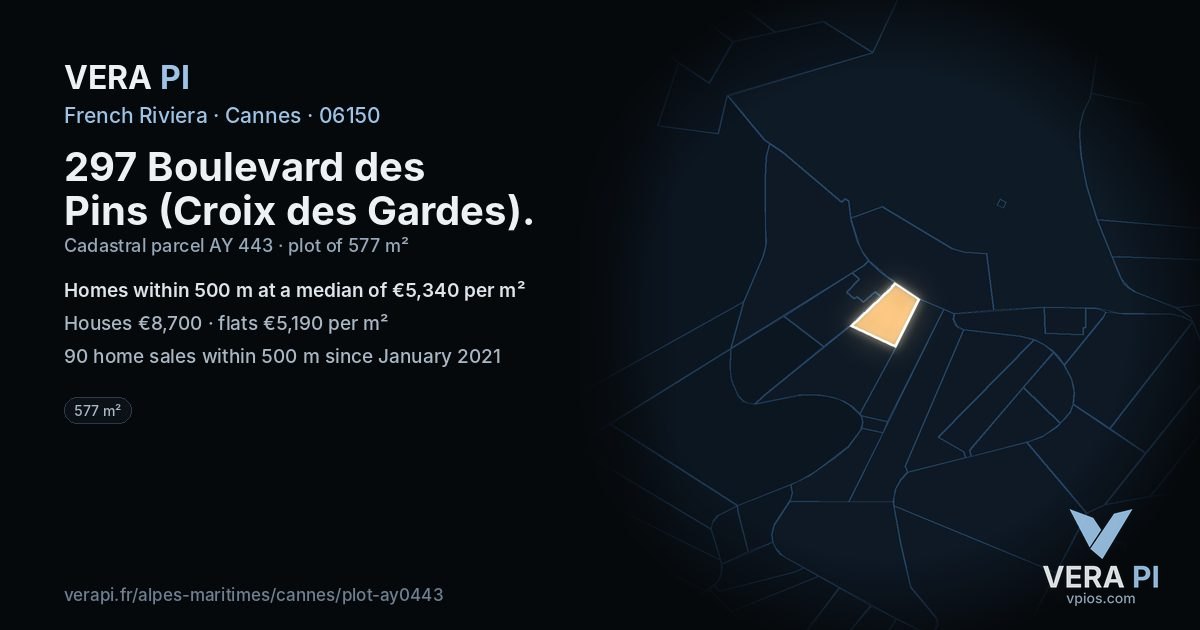 297 Boulevard des Pins (Croix des Gardes), Cannes at night – the plot lit, the parcels around coloured by the prices near them