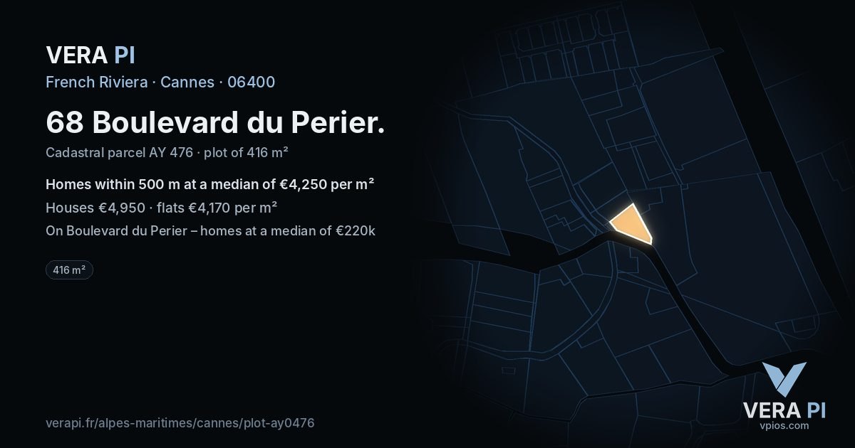 68 Boulevard du Perier, Cannes at night – the plot lit, the parcels around coloured by the prices near them