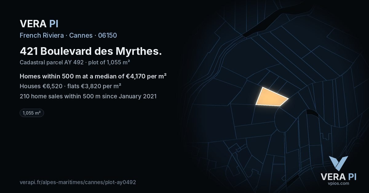421 Boulevard des Myrthes, Cannes at night – the plot lit, the parcels around coloured by the prices near them