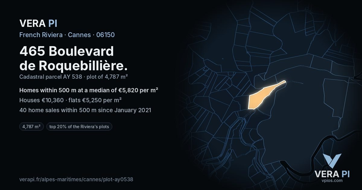 465 Boulevard de Roquebillière, Cannes at night – the plot lit, the parcels around coloured by the prices near them