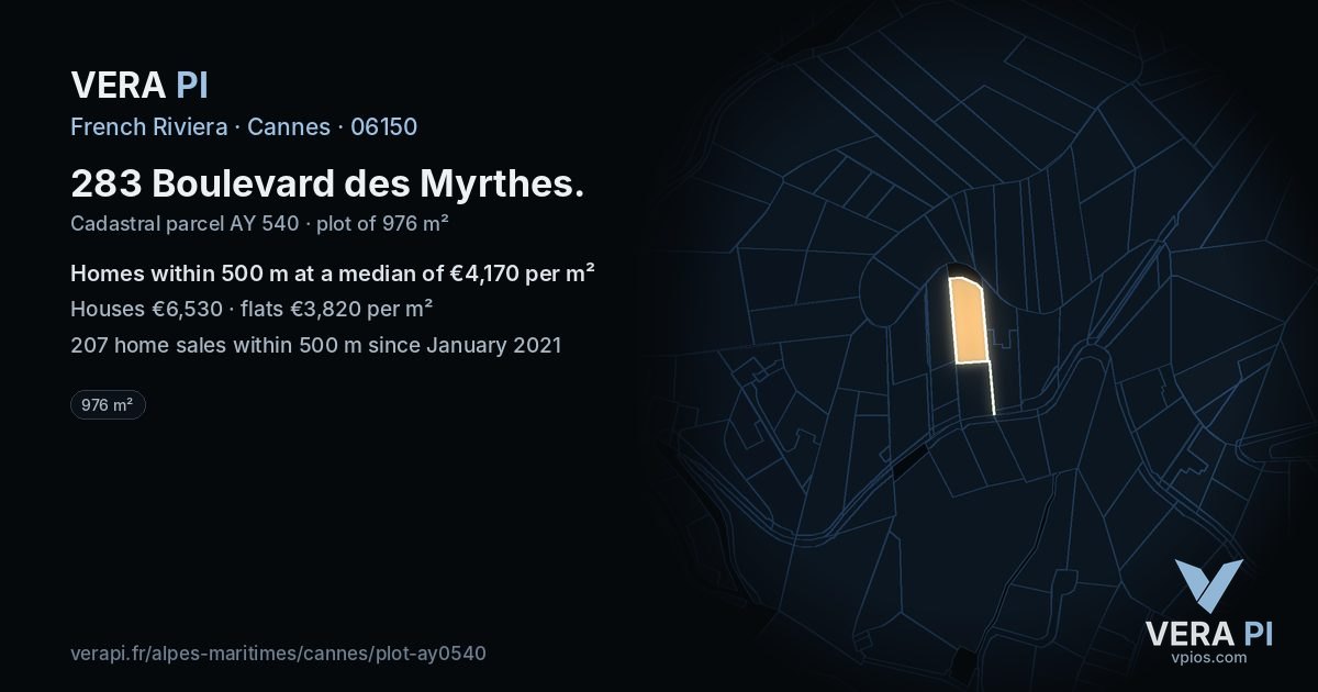283 Boulevard des Myrthes, Cannes at night – the plot lit, the parcels around coloured by the prices near them