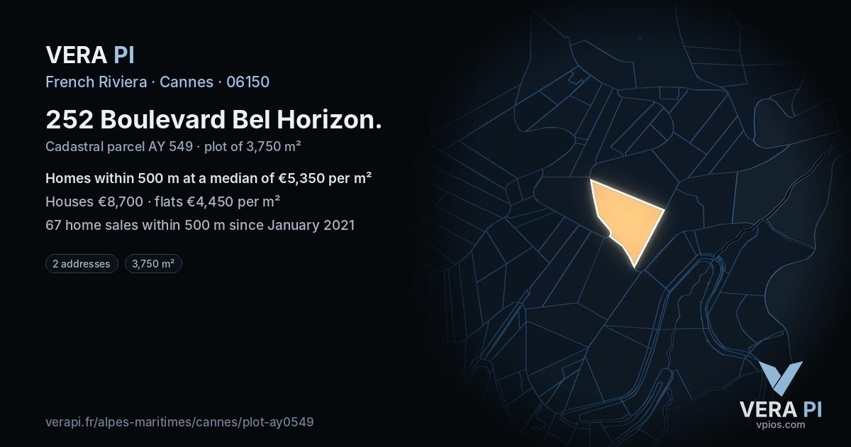 252 Boulevard Bel Horizon, Cannes at night – the plot lit, the parcels around coloured by the prices near them
