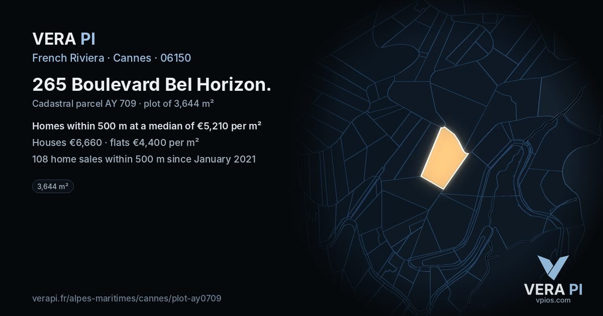 265 Boulevard Bel Horizon, Cannes at night – the plot lit, the parcels around coloured by the prices near them