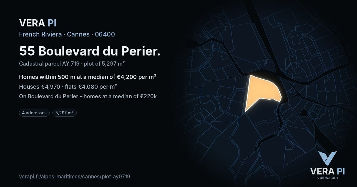 55 Boulevard du Perier, Cannes at night – the plot lit, the parcels around coloured by the prices near them