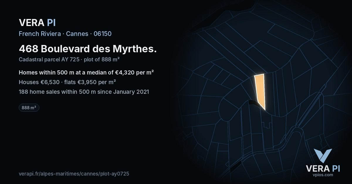 468 Boulevard des Myrthes, Cannes at night – the plot lit, the parcels around coloured by the prices near them