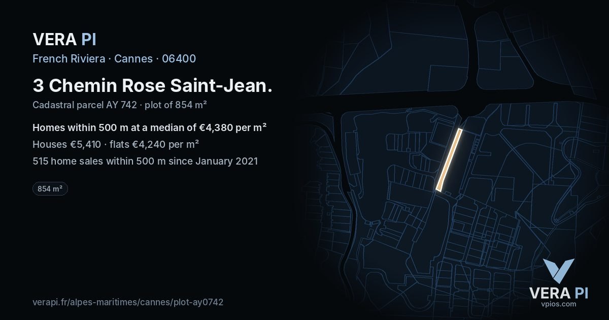3 Chemin Rose Saint-Jean, Cannes at night – the plot lit, the parcels around coloured by the prices near them
