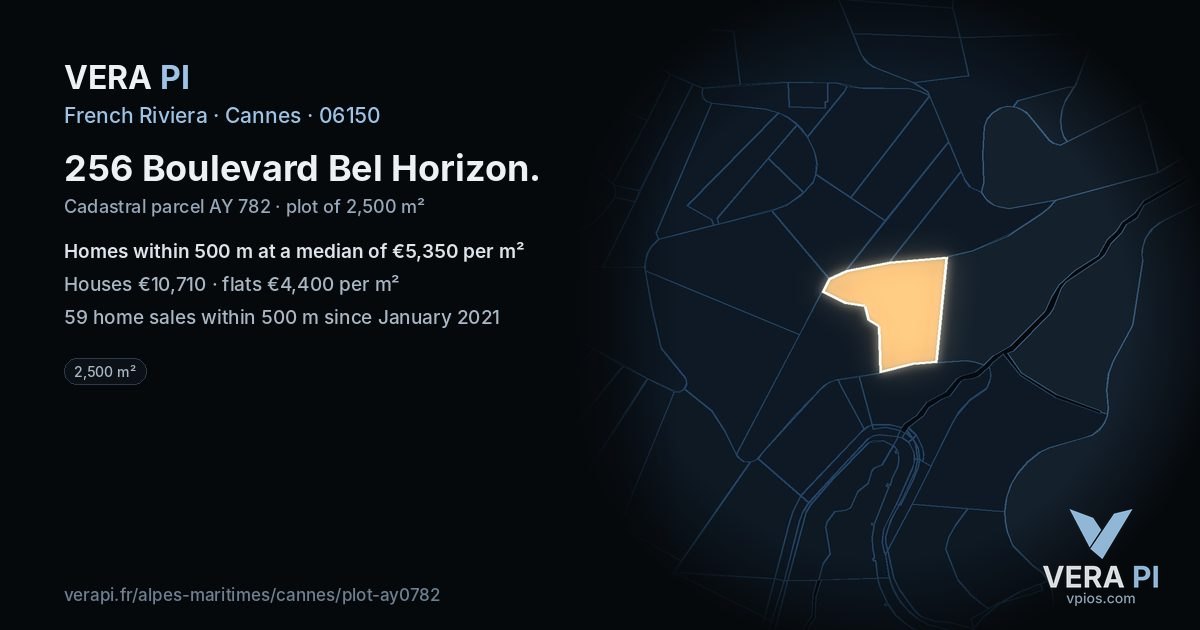 256 Boulevard Bel Horizon, Cannes at night – the plot lit, the parcels around coloured by the prices near them