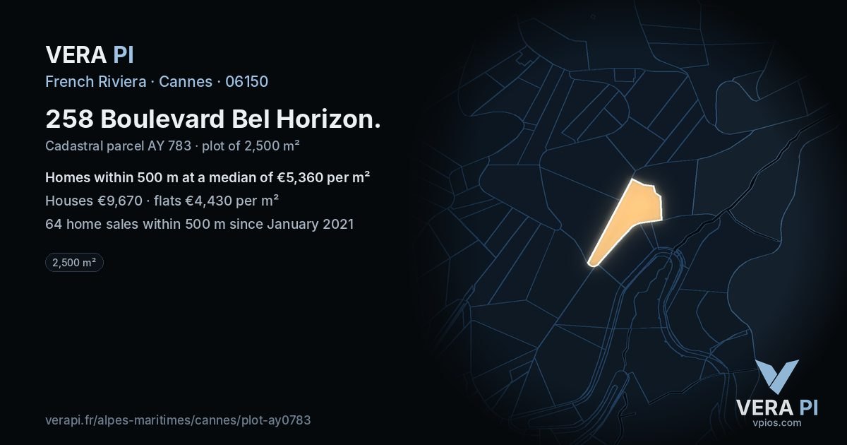 258 Boulevard Bel Horizon, Cannes at night – the plot lit, the parcels around coloured by the prices near them