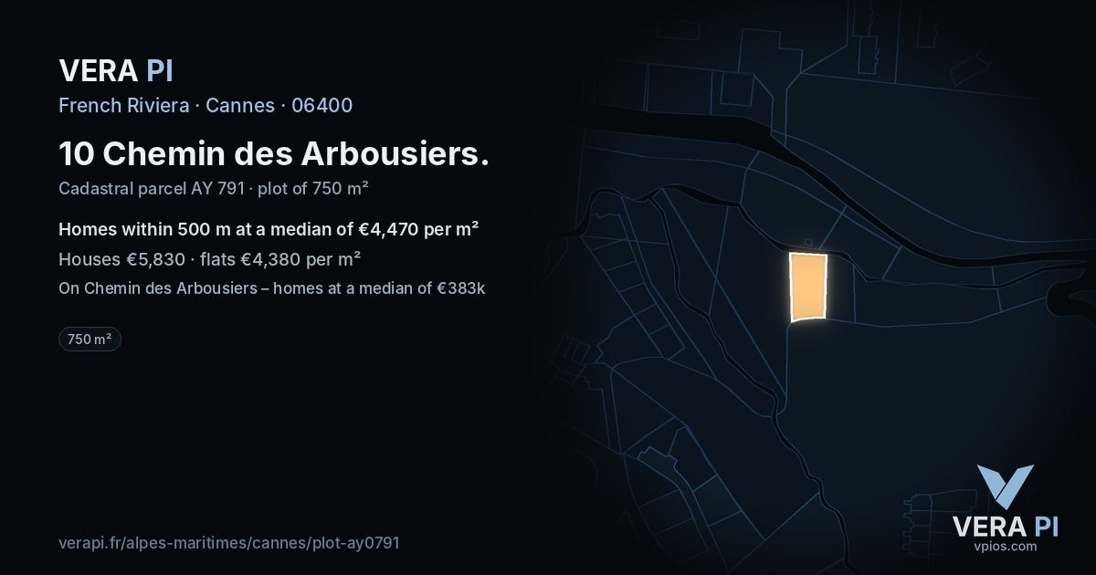 10 Chemin des Arbousiers, Cannes at night – the plot lit, the parcels around coloured by the prices near them