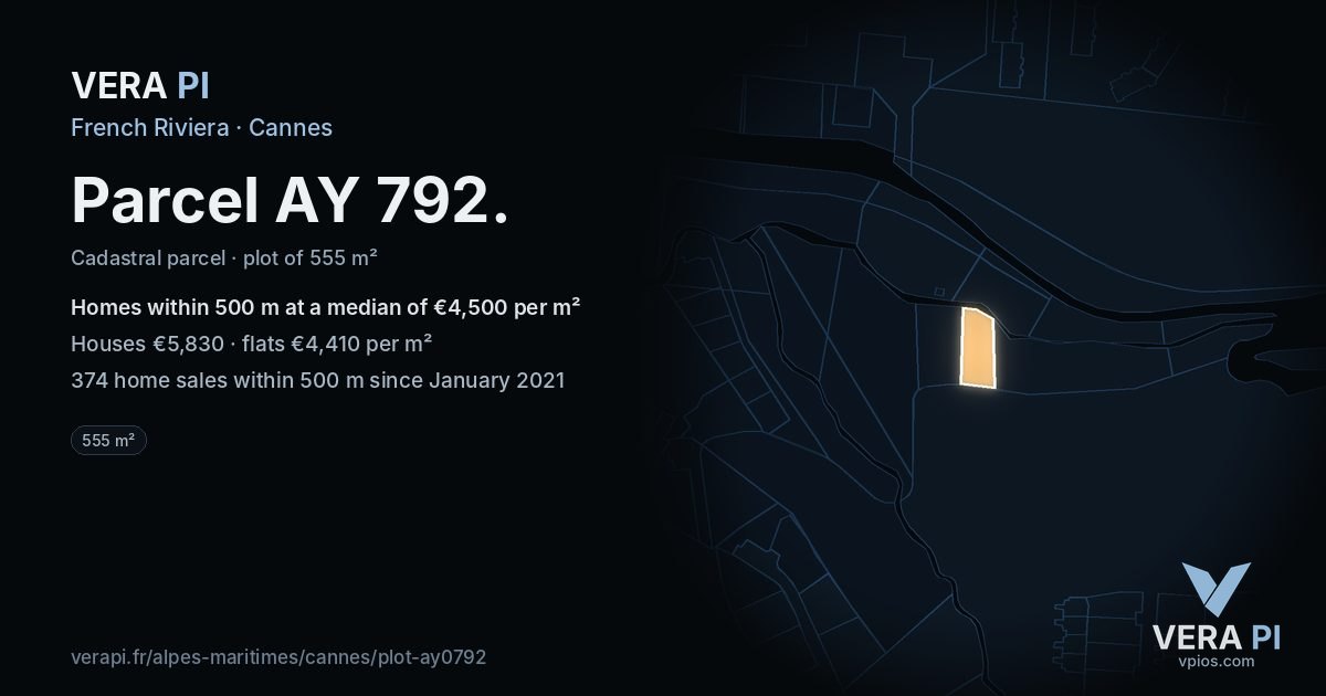 Parcel AY 792, Cannes at night – the plot lit, the parcels around coloured by the prices near them