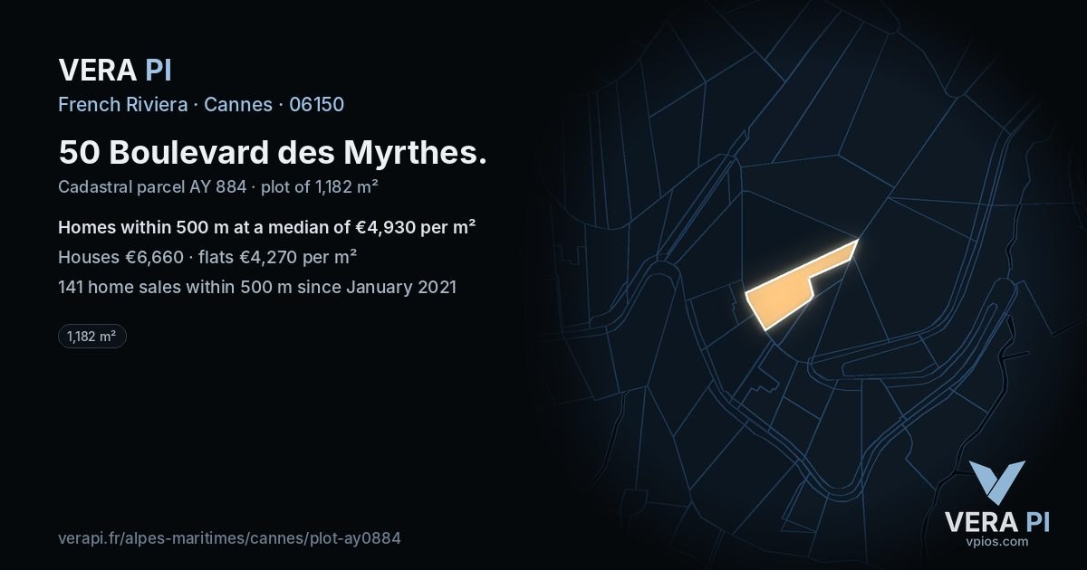 50 Boulevard des Myrthes, Cannes at night – the plot lit, the parcels around coloured by the prices near them