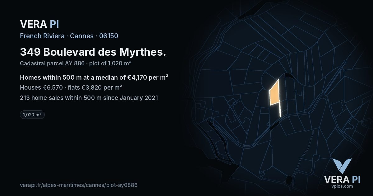 349 Boulevard des Myrthes, Cannes at night – the plot lit, the parcels around coloured by the prices near them