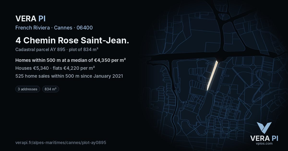 4 Chemin Rose Saint-Jean, Cannes at night – the plot lit, the parcels around coloured by the prices near them